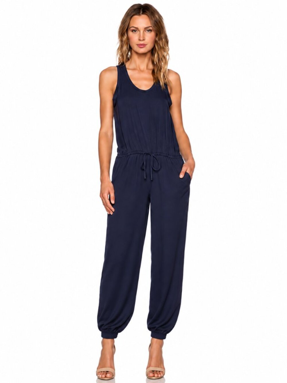 Theory Hekuba Navy 100% Silk Drawstring Jogger Jumpsuit Size S - Picture 3 of 7